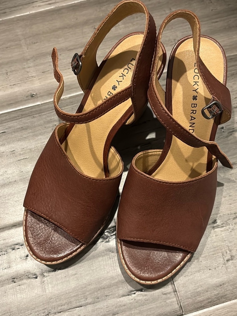 Lucky Brand Saddle Brown Leather Platform Block Heel Sandals - Picture 2 of 4